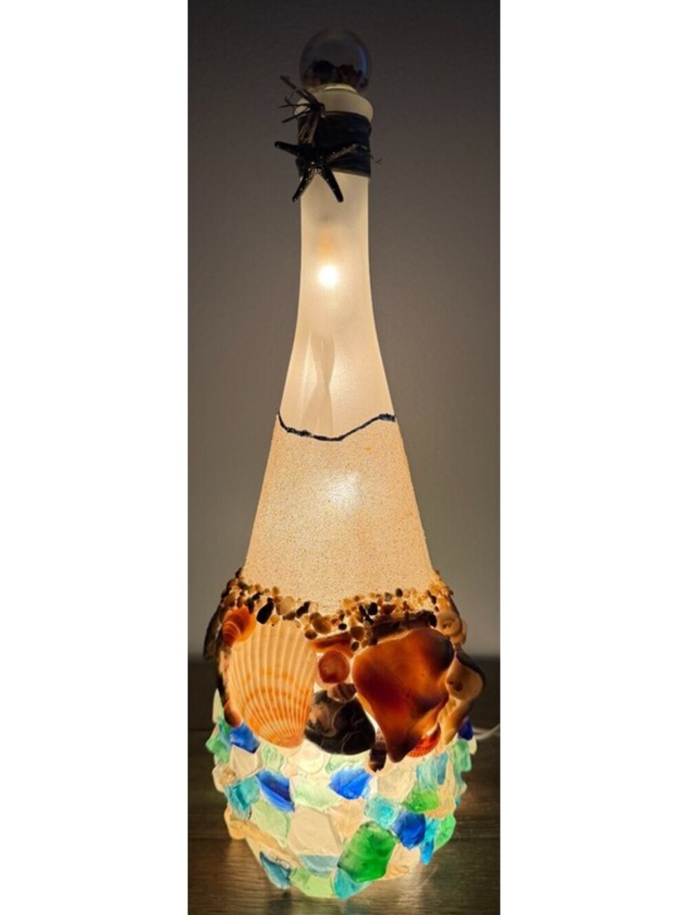 Handmade Sea Glass Wine Bottle Lamp Beach Coastal Decor Seashell Night Light